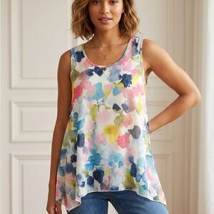 easel Sleeveless Floral Watercolor Tank in White Multi